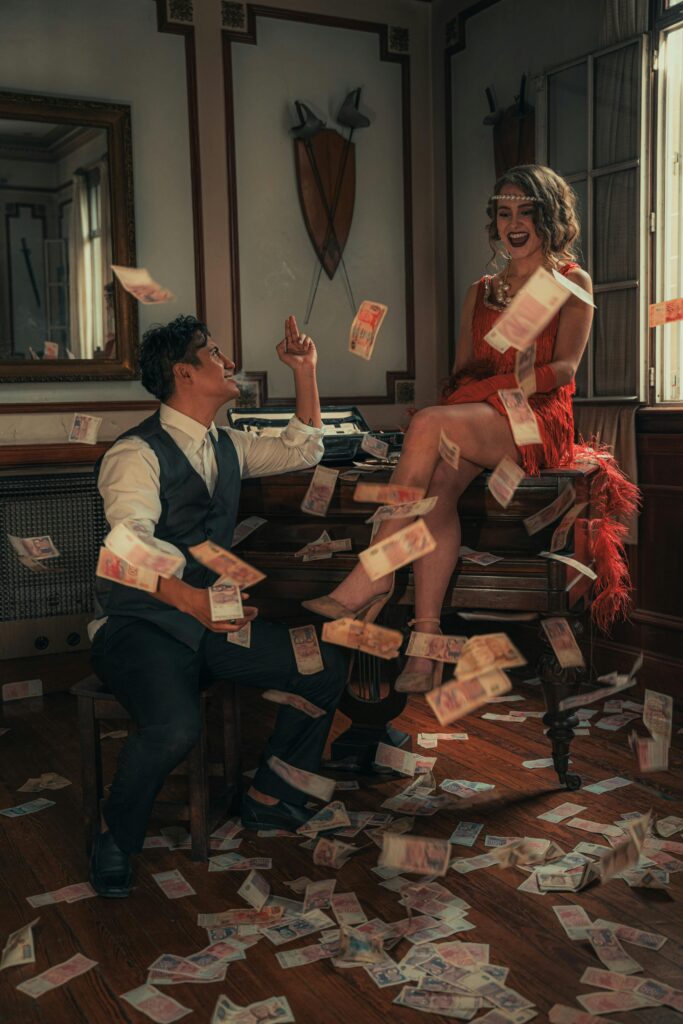 A 1920s style couple in a vintage room with money falling around them, symbolizing prosperity and luxury.